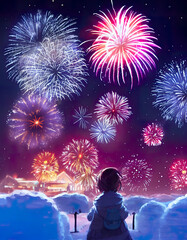 Fototapeta na wymiar fireworks on the night sky, fireworks in cold winter night, beautiful scenery, last day of the year, Sylvestre, fireworks, awesome celebration, pyrotechnics, illustration, digital