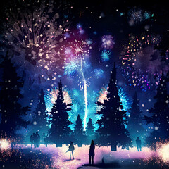 Fototapeta na wymiar fireworks on the night sky, fireworks in cold winter night, beautiful scenery, last day of the year, Sylvestre, fireworks, awesome celebration, pyrotechnics, illustration, generative ai