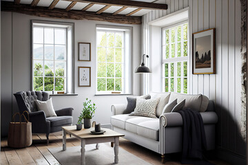 luxury white cottage style living room interior - obrazy, fototapety, plakaty