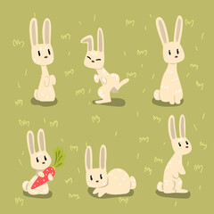 Small White Bunny in Different Poses on Green Grass or Lawn Vector Set
