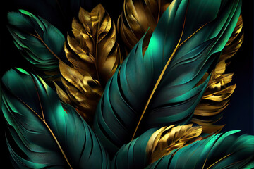green and gold feathers background as beautiful abstract wallpaper header