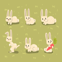 Small White Bunny in Different Poses on Green Grass or Lawn Vector Set