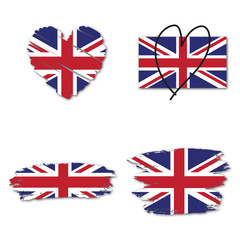 Elements collection flag of UK design template. Heart and brush stroke. United Kingdom, Union Jack.