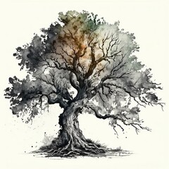 gnarled old oak tree, watercolor painting - generative AI