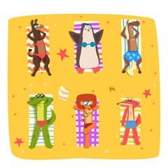 Animals Sunbathing on Beach Lying on Blanket on Sand Top View Vector Set