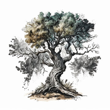 gnarled old oak tree, watercolor painting - generative AI