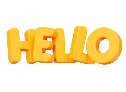 3D Volume yellow text Hello. Welcome message. Gold Hi word. Online communication. Element for banner or poster. Cartoon creative design icon isolated on white background. 3D Rendering