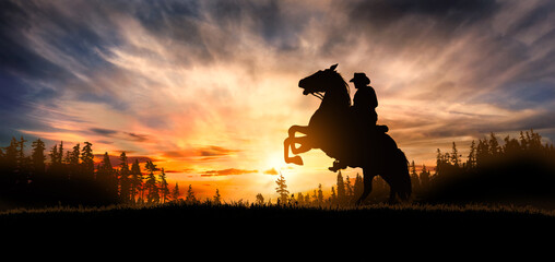 Fototapeta na wymiar Silhouette of cowboy rearing his horse at sunset