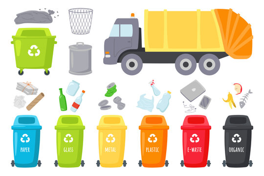 Garbage Truck And Trash Cans Flat Icons Set. Rubbish Recycling. Paper, Steel Bottle Plastic And Glass Waste Litters