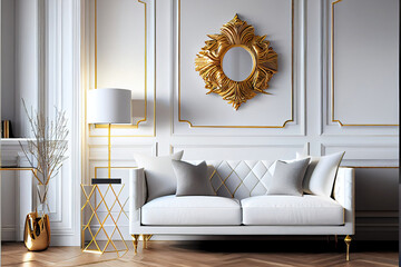 luxury gold and white living room interior with sofa