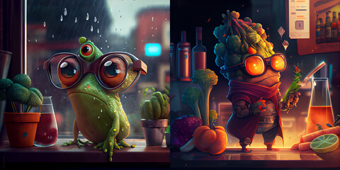 Cute characters design illustration, frog and reptile, huge glasses on face, collection