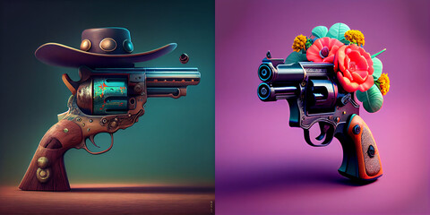 Illustration of colorful revolver with flowers  - obrazy, fototapety, plakaty