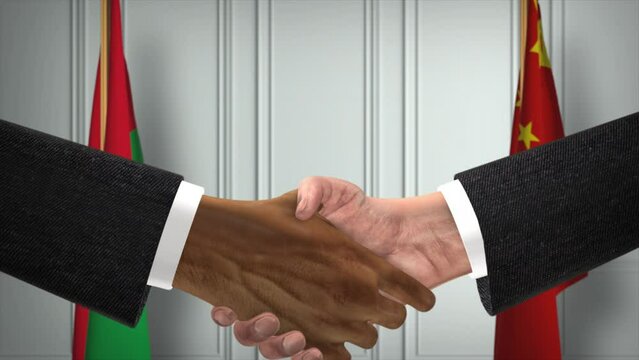 Burkina Faso and China Officials Business Meeting. Diplomacy Deal Animation. Partners Handshake 4K 