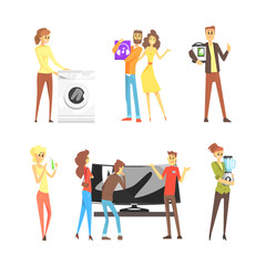 People Characters Buying Various Household Appliances and Electric Device Vector Set