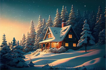 Cozy Christmas House Winter Nature Landscape with Snow on Trees and Roof and Beautiful Warm Lights Shining Inside