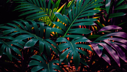 Fototapeta na wymiar Tropical leaves in bright colors and neon lights, backlight, composition of leaves, plant background,