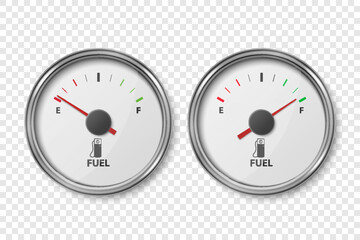 Vector 3d Realistic Silver Metallic Gas Fuel Tank Gauge, Oil Level Bar Set Isolated. Full and Empty. Car Dashboard Details. Fuel Indicator, Gas Meter, Sensor. Design Template