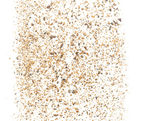 Big size Sand flying explosion, Golden grain wave explode. Abstract cloud fly. Yellow colored sand splash throwing in Air. White background Isolated high speed shutter, throwing freeze stop motion