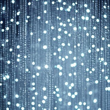 Background of abstract defocused white glitter lights on blue background with bokeh. Generative AI © Alina