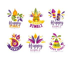 Fototapeta na wymiar Happy Diwali Colorful Logo for Hindu Light Festival with Burning Candle and Flora Vector Set
