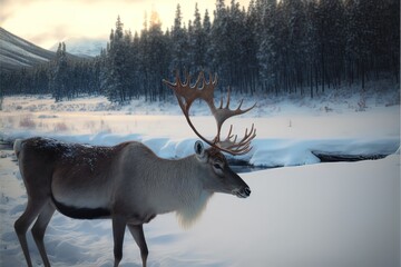 Reindeer Winter Landscape with Nature and Pine Tree, Fir and covered in Snow Scenery