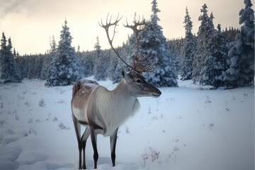 Naklejka premium Reindeer Winter Landscape with Nature and Pine Tree, Fir and covered in Snow Scenery