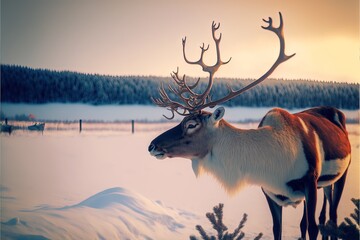 Reindeer Winter Landscape with Nature and Pine Tree, Fir and covered in Snow Scenery