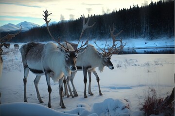 Reindeers Winter Landscape with Nature and Pine Tree, Fir and covered in Snow Scenery