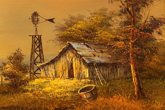 Vintage landscape oil painting detail depicting a country scene with a dilapidated barn house and windmill at sunset. American Southwest art.