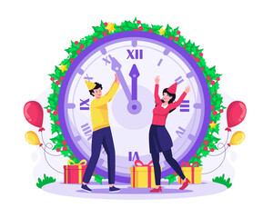 Happy New Year concept with People pushing the minutes of a giant clock to head into the new year. Vector illustration in flat style