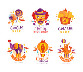 Bright Circus Logo Design with Candy, Clown, Popcorn, Elephant and Seal Vector Set