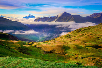 Mont Blanc massif idyllic alpine landscape countryside, Chamonix, French Alps