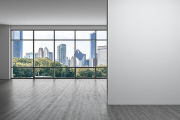 Downtown Chicago City Skyline Buildings Window background. Copy space white wall. Empty room...