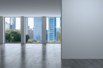 Downtown Chicago City Skyline Buildings Window background. Copy space white wall. Empty room Interior Skyscrapers View. Mockup concept. Day time. 3d rendering.