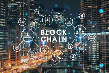 Illuminated aerial city panorama of Chicago Riverwalk downtown area, Boardwalk, bridges, night time, Illinois, USA. Decentralized economy. Blockchain, cryptography and cryptocurrency concept, hologram