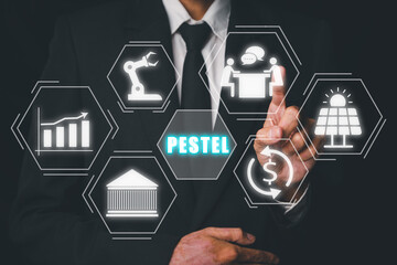 PESTEL analysis concept, political, economic, socio-cultural, technological, environmental and legal, Person hand touching PESTEL icon on virtual screen.