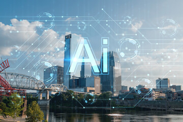 Panoramic skyline view of Broadway district of Nashville over River at day, Tennessee, USA. Hologram of Artificial Intelligence concept. AI and business, machine learning, neural network, robotics