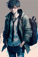 anime boy with his bag 