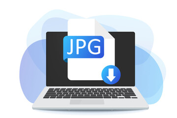Download JPG button on laptop screen. Downloading document concept. JPG label and down arrow sign. Vector stock illustration.