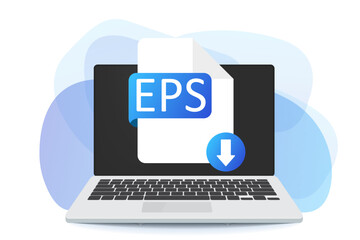 Download EPS button on laptop screen. Downloading document concept. EPS label and down arrow sign. Vector stock illustration.