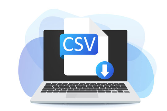 Download CSV button on laptop screen. Downloading document concept. CSV label and down arrow sign. Vector stock illustration.