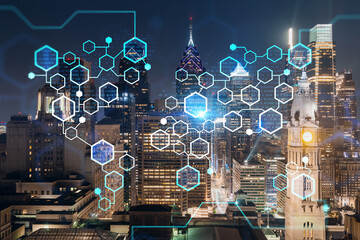 Aerial panoramic cityscape of Philadelphia financial downtown at summer night time, Pennsylvania, USA. Decentralized economy. Blockchain, cryptocurrency and cryptography concept, hologram