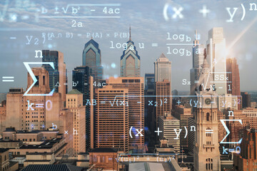 Aerial panoramic cityscape of Philadelphia financial downtown, Pennsylvania, USA. City Hall Clock Tower, sunrise. Technologies,education concept. Academic research, top ranking universities, hologram
