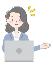 パソコン操作で案内するスーツ姿の若い女性