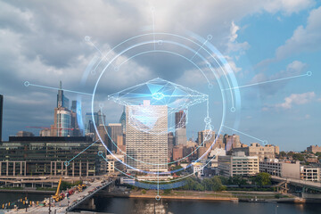 Aerial panorama city view of Philadelphia financial downtown at day time, Pennsylvania, USA. Technologies and education concept. Academic research, top ranking universities, hologram