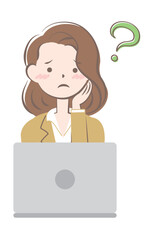 パソコン操作で悩むスーツ姿の若い女性