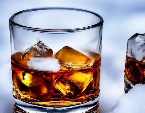 Winter holiday whiskey, christmas bourbon, scotch on the rock with snow - generative ai design