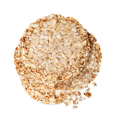 Stack of crunchy rice cakes isolated on white, top view