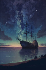 Night Seascape Anime Pirate ship