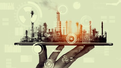 Future factory plant and inventive energy industry concept in creative graphic design. Oil, gas and...
